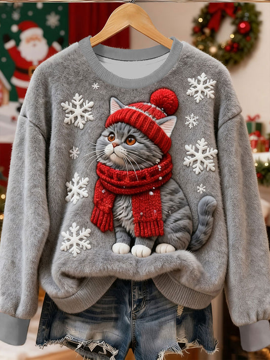 Women's Cute Christmas Cat Art  Print Casual Flannel Sweatshirt