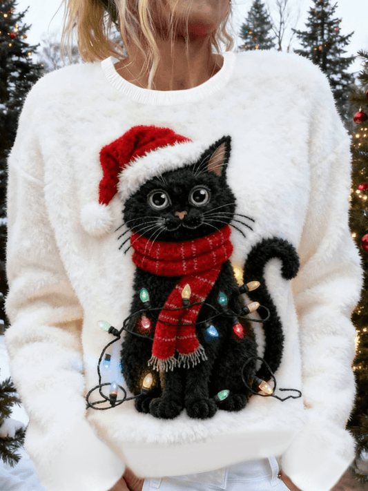 Women's Cute Christmas Cat Art Print Casual Flannel Sweater
