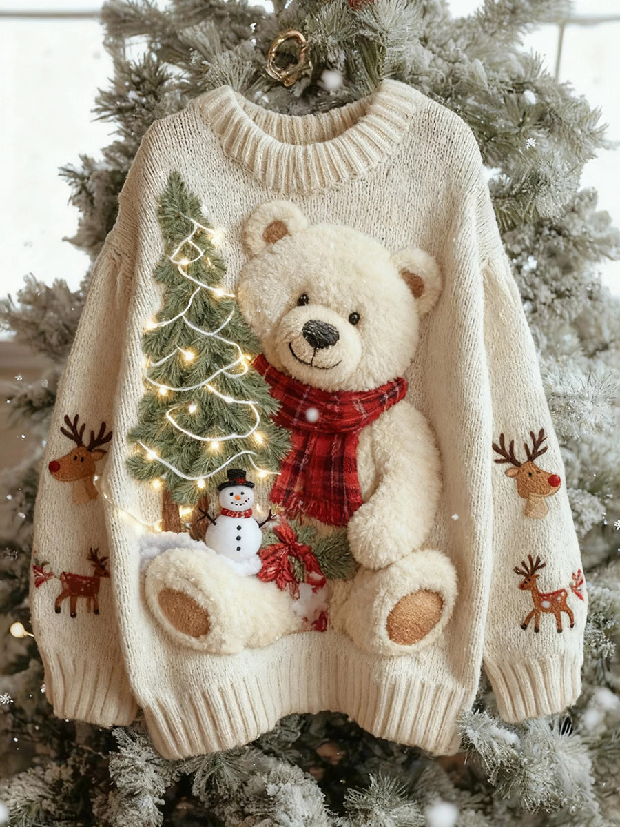 Women's Vintage Christmas Bear Tree Knitted Sweater