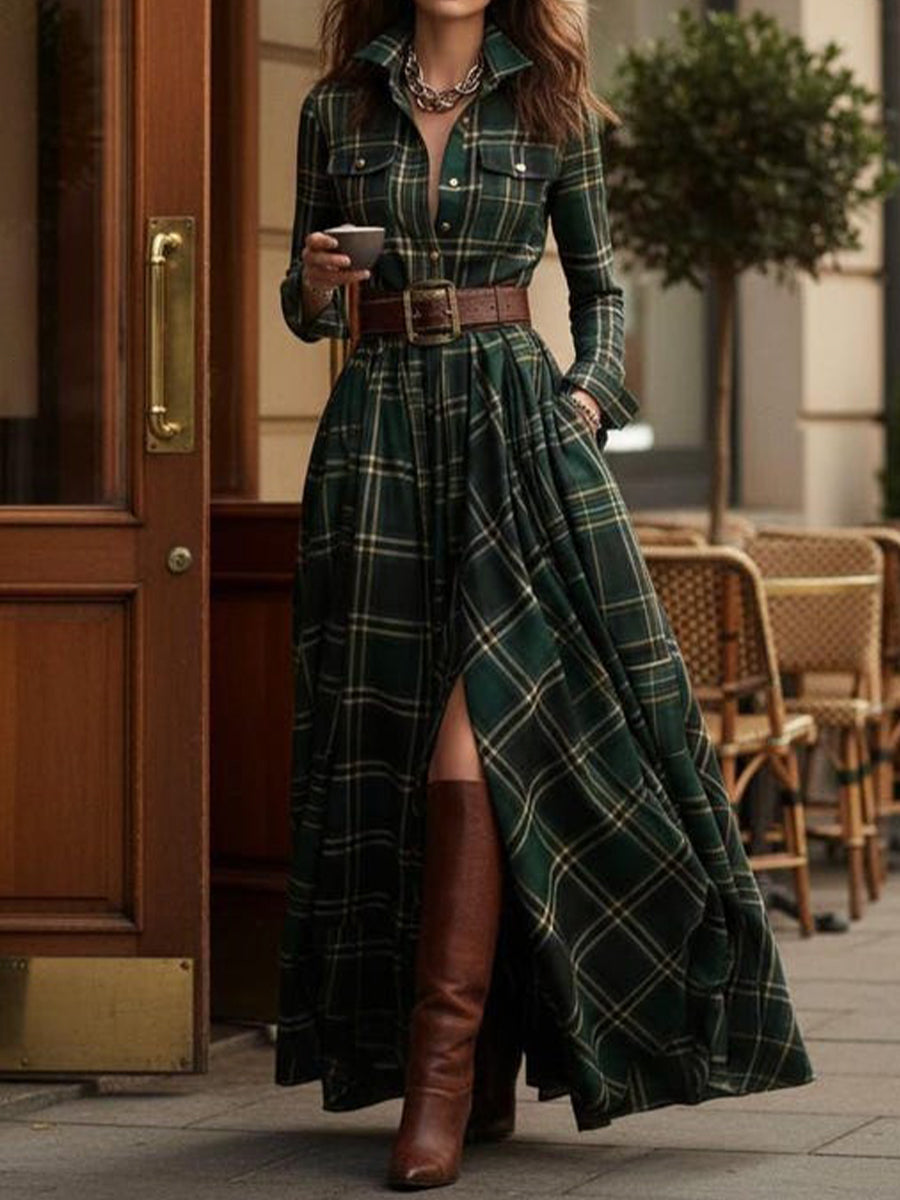 Women's Vintage Plaid Pattern Elegant Maxi Dress