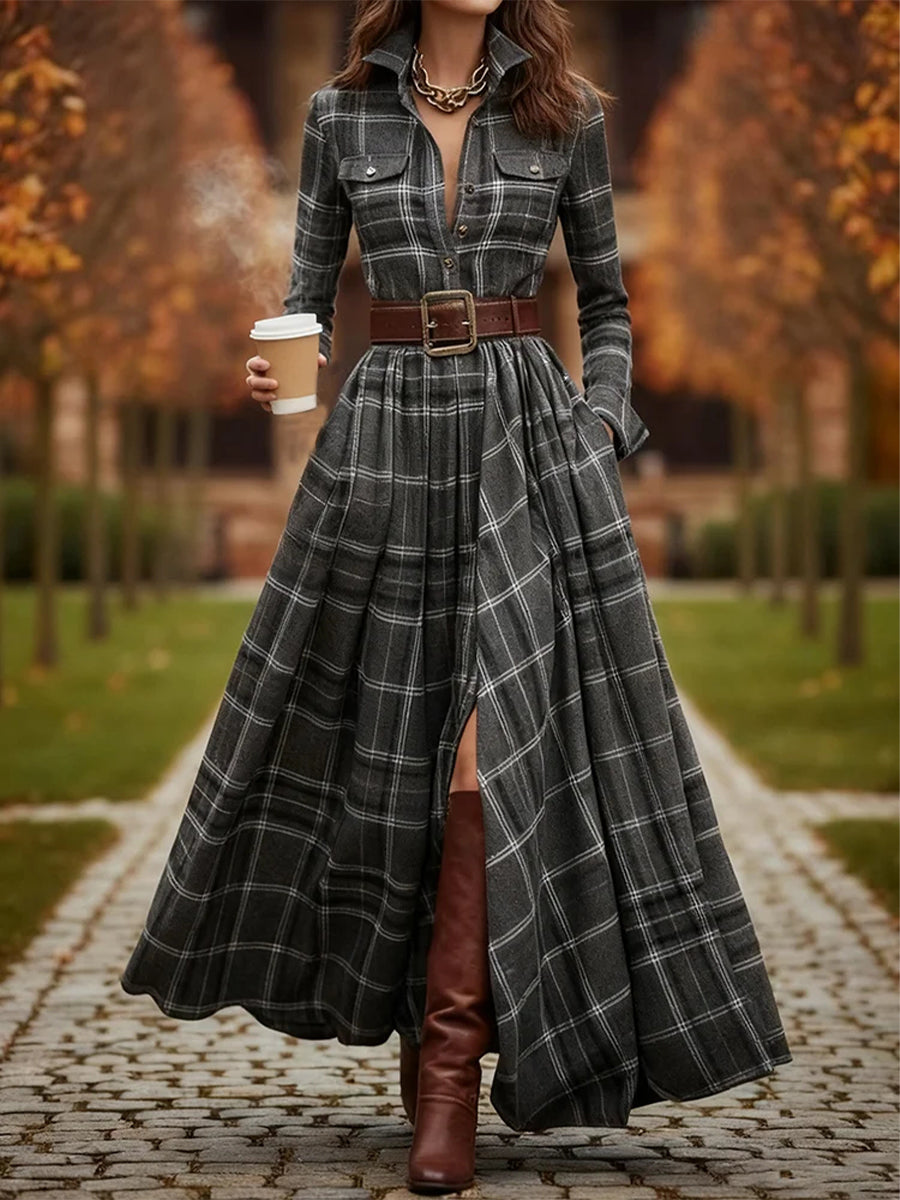Women's Vintage Plaid Pattern Elegant Maxi Dress