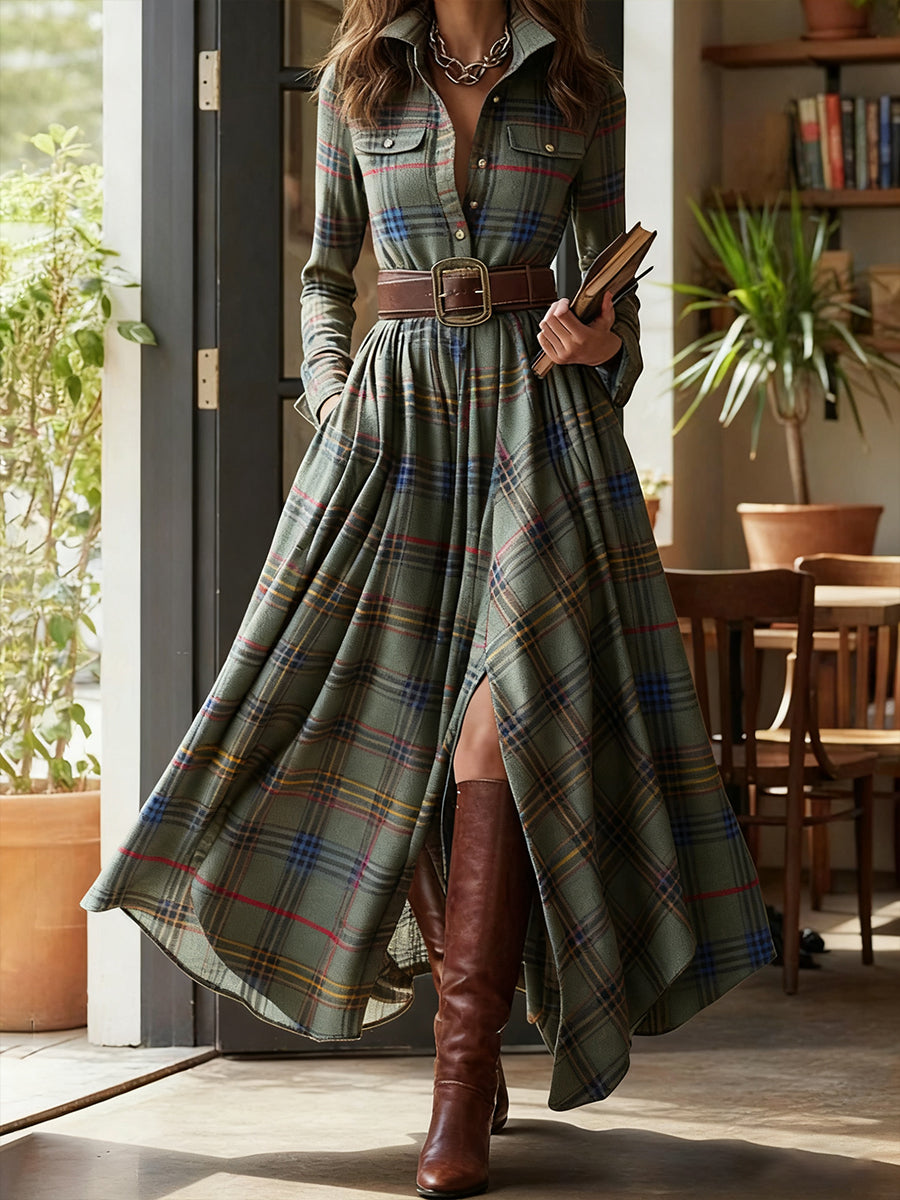 Women's Vintage Plaid Pattern Elegant Maxi Dress