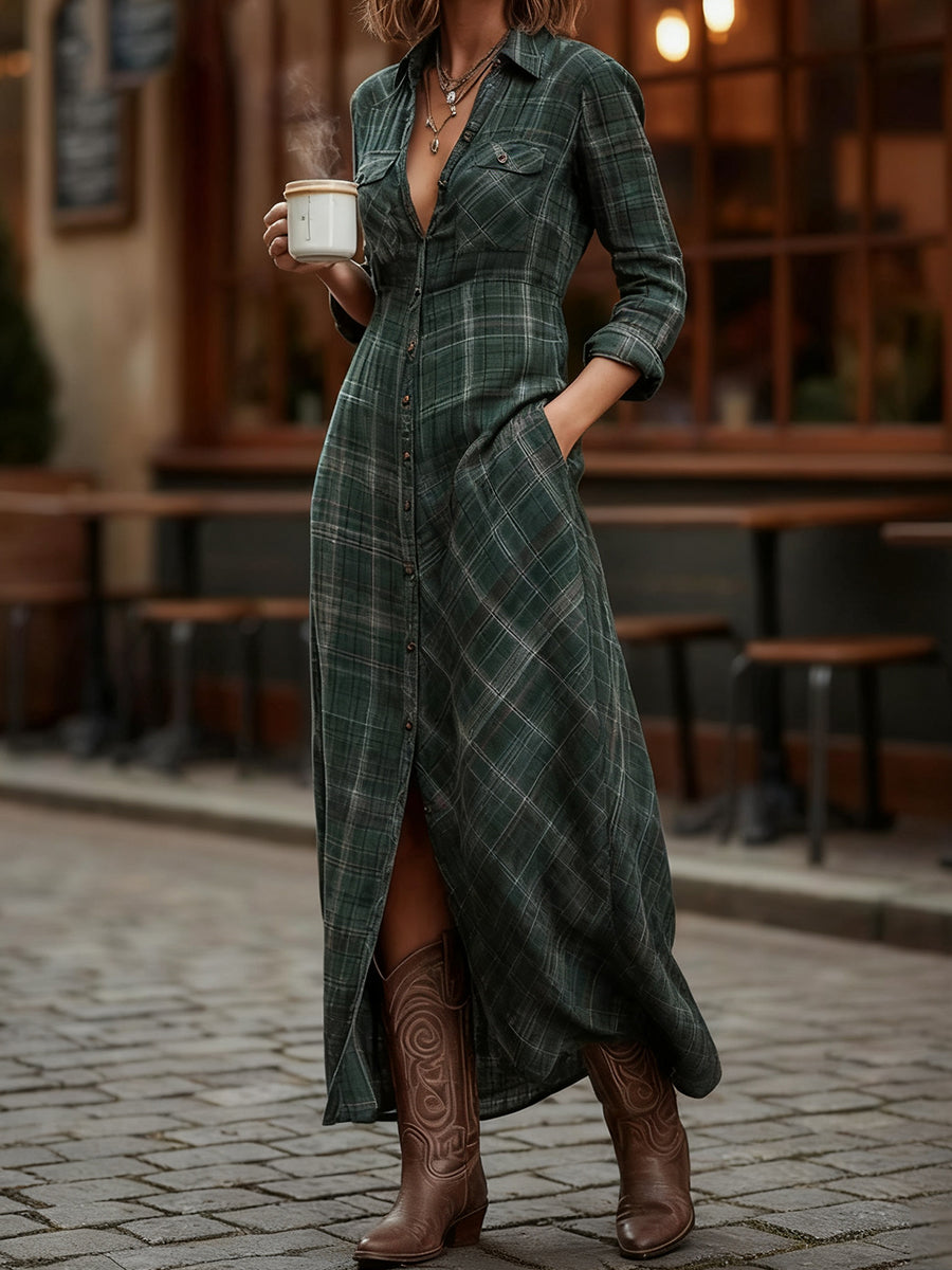 Women's Vintage Plaid Pattern Maxi Dress