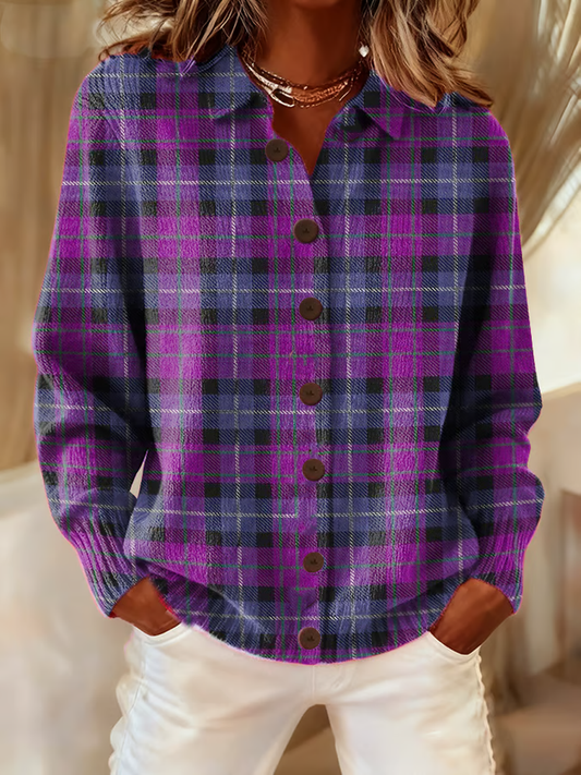 Women's casual retro purple plaid cardigan