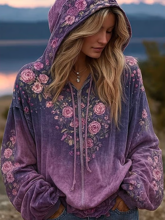 Women's Autumn Vintage Purple Floral Print Crew Neck Sweatshirt