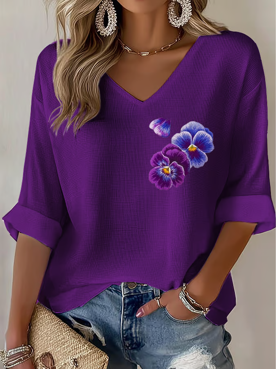 Women's  Purple flowers Art Design Print Waffle Long Sleeve T-Shirt