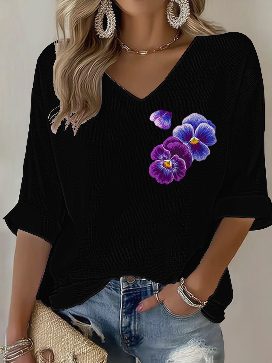 Women's  Purple flowers Art Design Print Waffle Long Sleeve T-Shirt