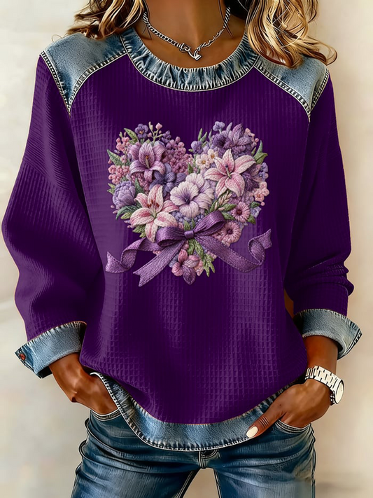 Women's Casual Retro Purple Floral Waffle Top