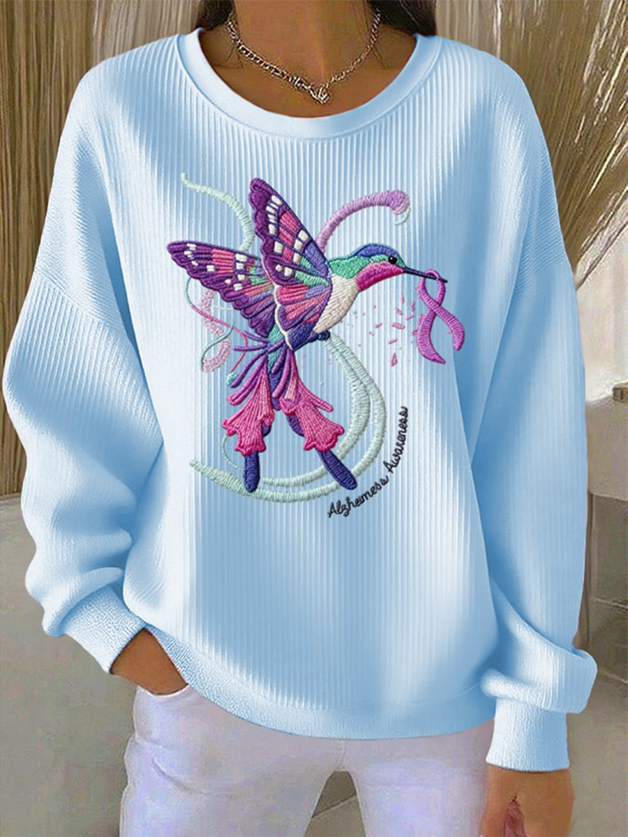 Women's Casual Retro Purple Hummingbird Alzheimer's Textured Sweatshirt