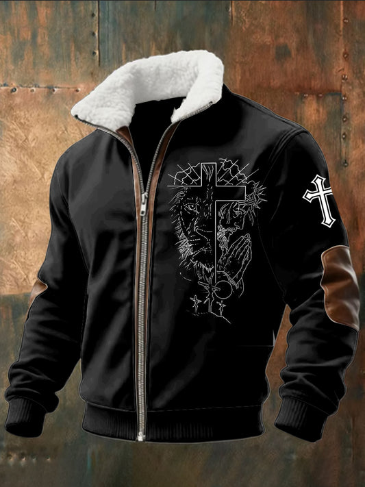 Retro Abstract Jesus Cross Zipper Shearling Jacket