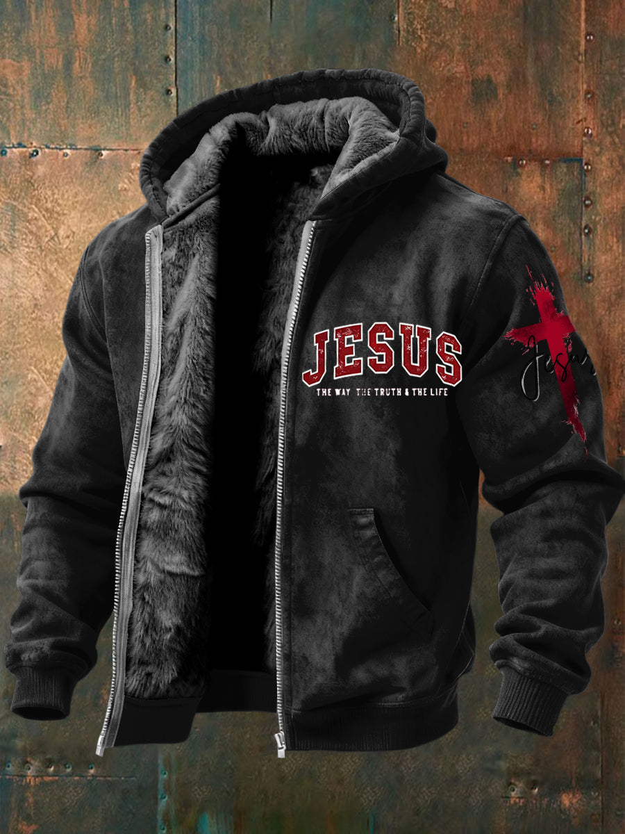 Vintage-Washed Faith Cross Fleece-Lined Hooded Zipper Jacket