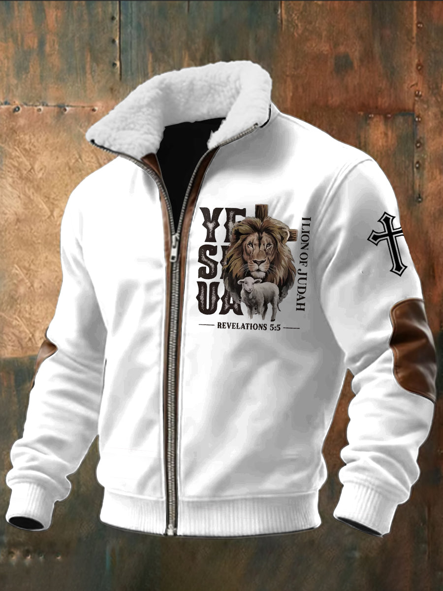 Retro Jesus Animal Lambskin Patchwork Zipper Jacket