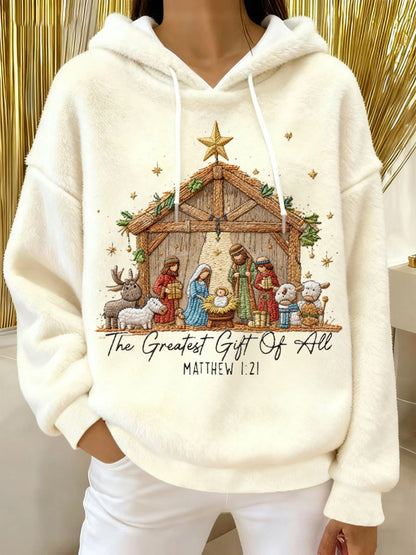 Women's The Greatest Gift Of All Jesus Nativity Christian Christmas Casual Flannel Hoodie