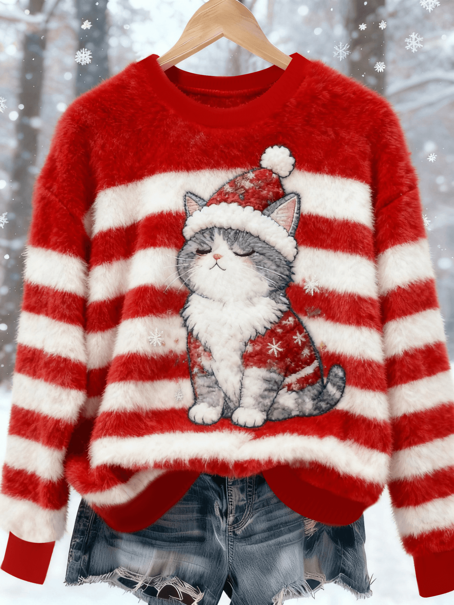 Women's Vintage Christmas Cat Printed Flannel Sweatshirt