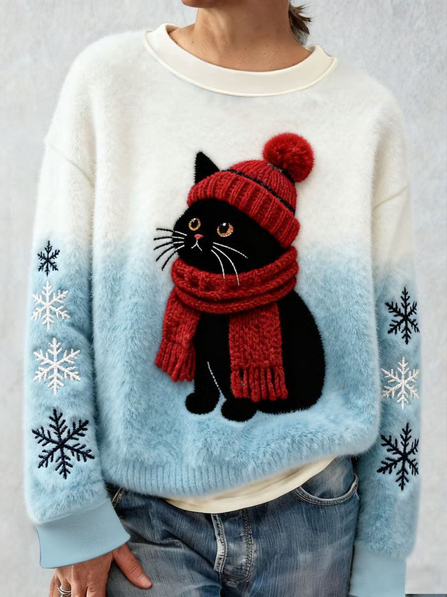 Women's Cute Christmas Cat Art Print Casual Flannel Sweatshirt