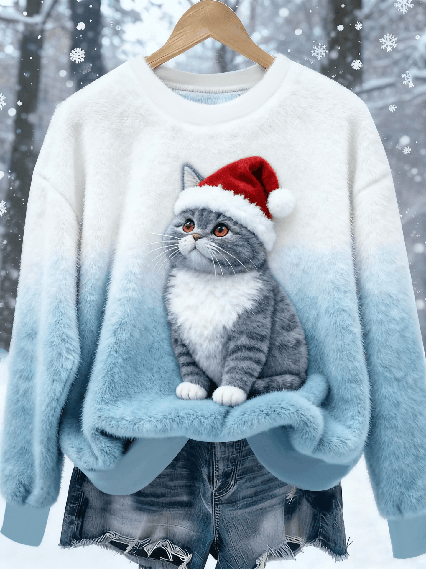 Women's Vintage Christmas Cat Printed Flannel Sweatshirt