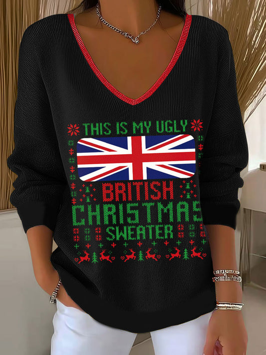 Women's This Is My Ugly British Christmas Sweater V-Neck Ribbed Top