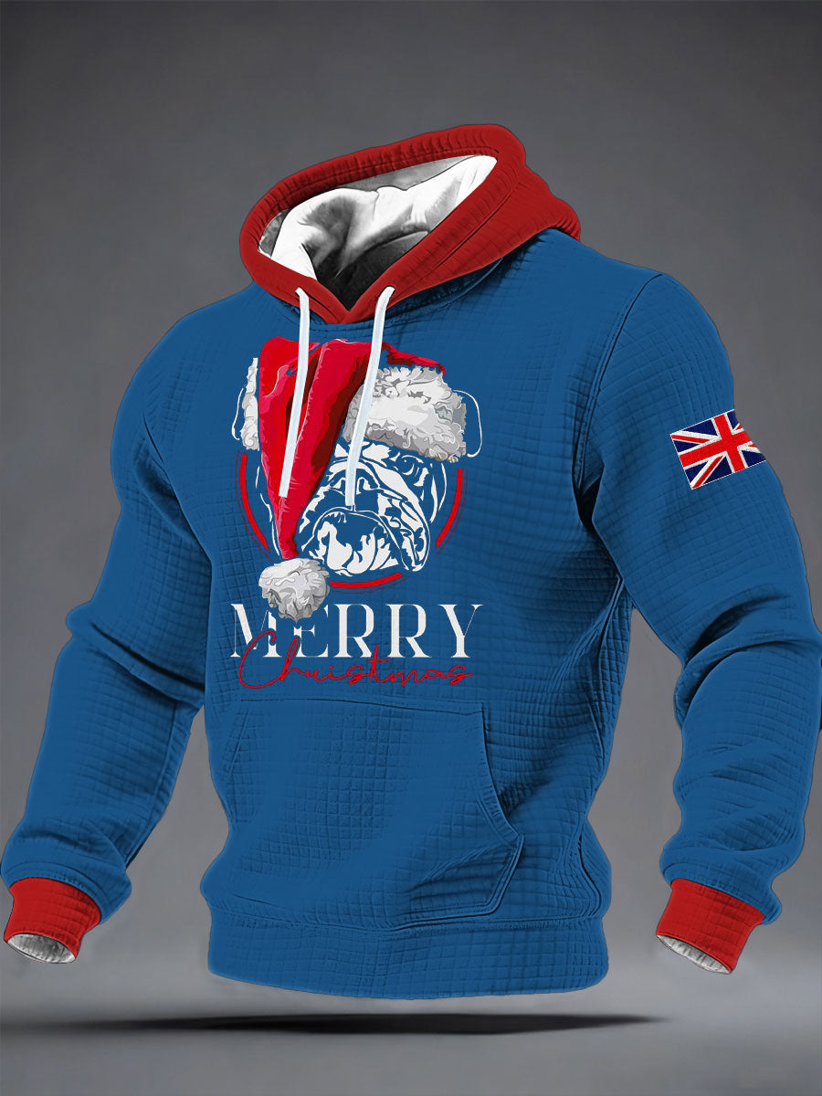 Men's Merry Christmas Bulldog Print Checkered Cotton Hoodie