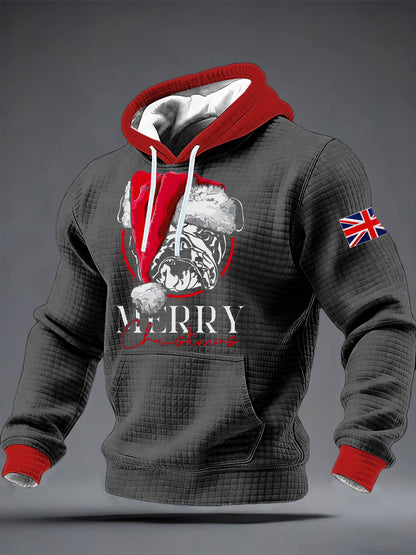 Men's Merry Christmas Bulldog Print Checkered Cotton Hoodie