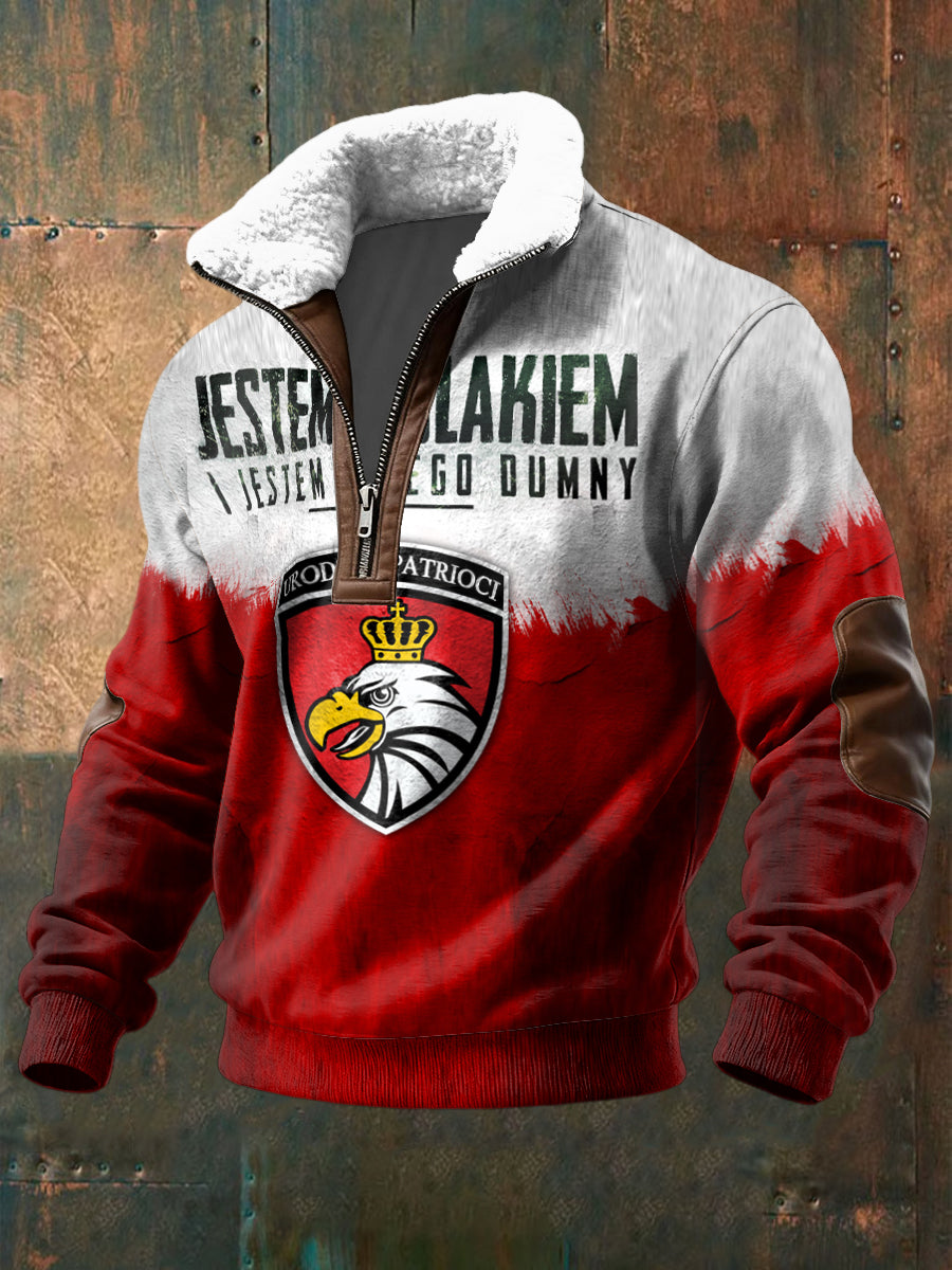 Retro Polish Eagle Patchwork Shearling Zipper Pullover