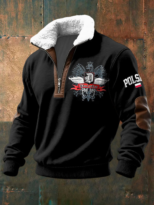Retro Polish Eagle Lambswool Patchwork Zipper Pullover