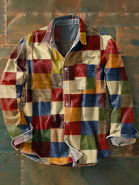 Men's Vintage Color Block Patchwork Art Print Long Sleeve Pocket Shirt
