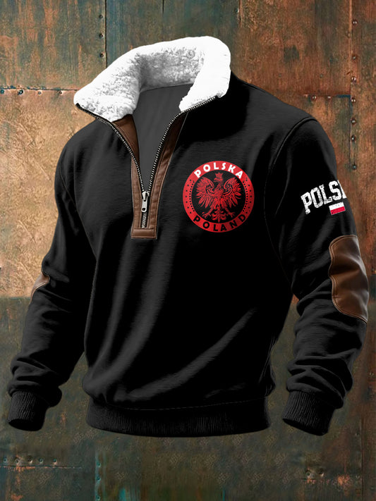Retro Polish Emblem Lambswool Patchwork Zipper Pullover