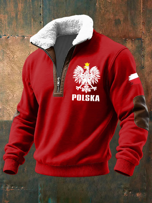 Retro Polish White Eagle Lambswool Patchwork Zipper Pullover