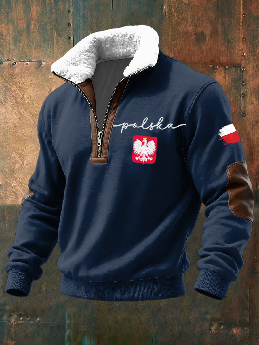 Retro Polish Eagle Emblem Lambswool Patchwork Zipper Pullover