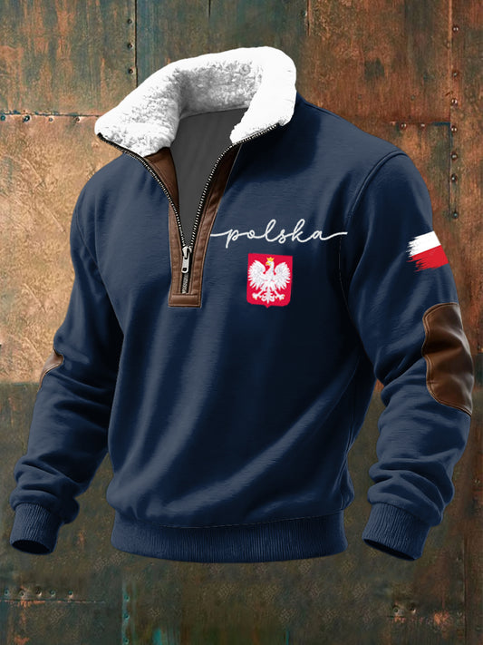 Retro Polish Eagle Emblem Lambswool Patchwork Zipper Pullover