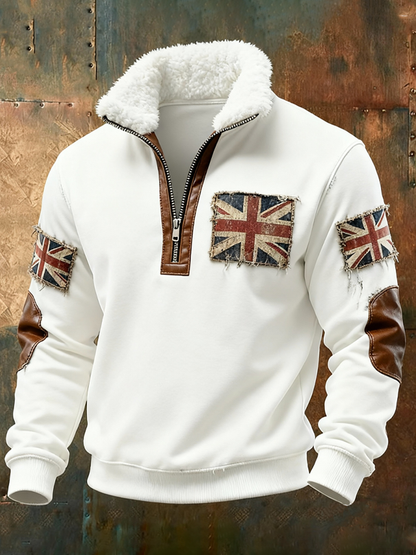 Men's British vintage flag print Plush Stand Collar Shirt