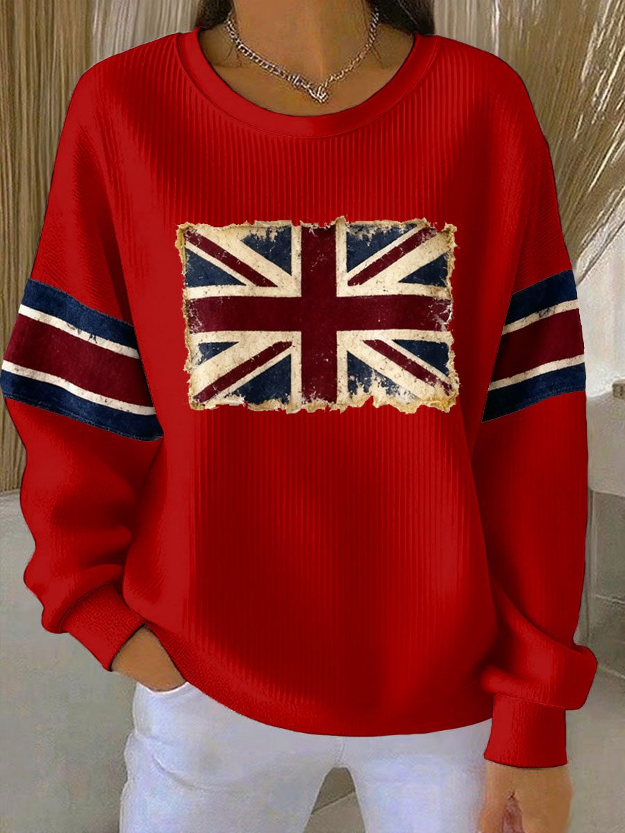 Women's British vintage flag print Ribbed Round-Neck Sweatshirt
