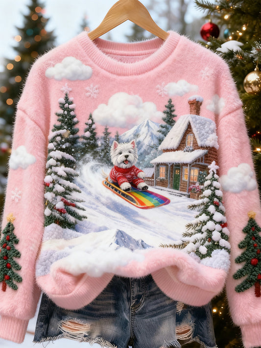 Women's Retro Animal Christmas Art Print Casual Flannel Top