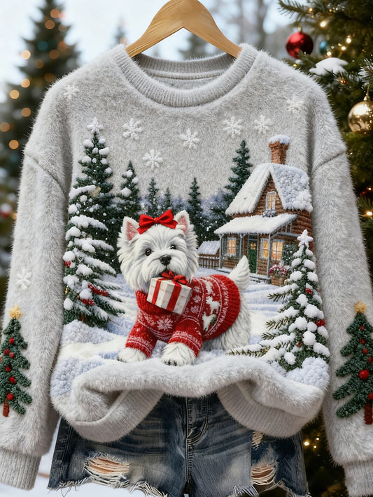 Women's Retro Animal Christmas Art Print Casual Flannel Top