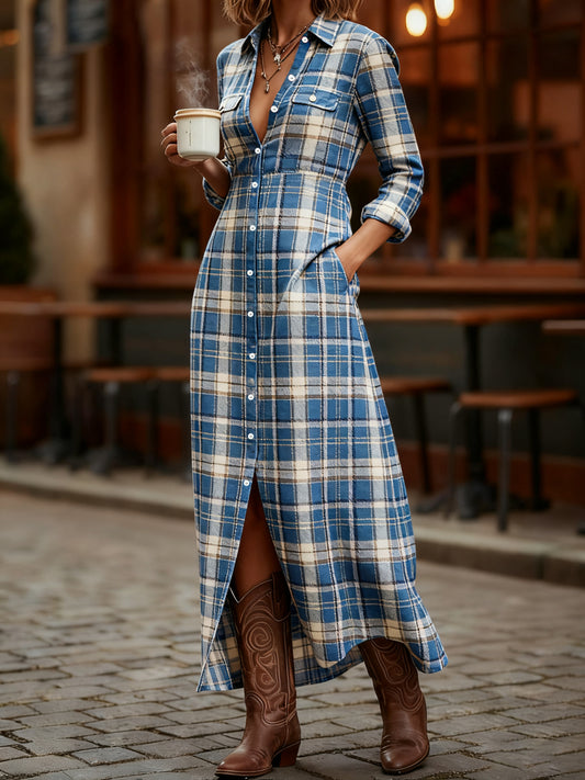 Women's Vintage Plaid Print Maxi Dress