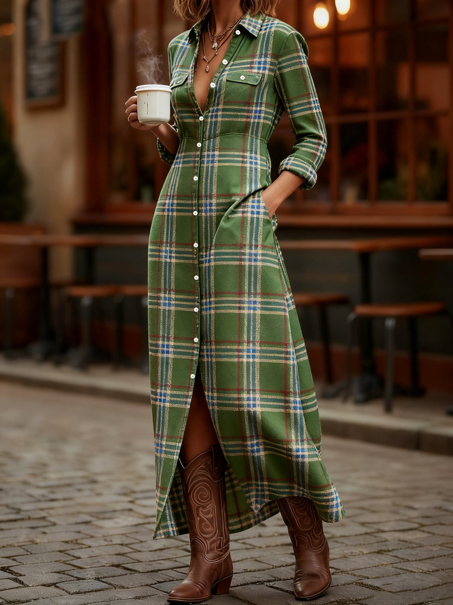 Women's Vintage Plaid Print Maxi Dress