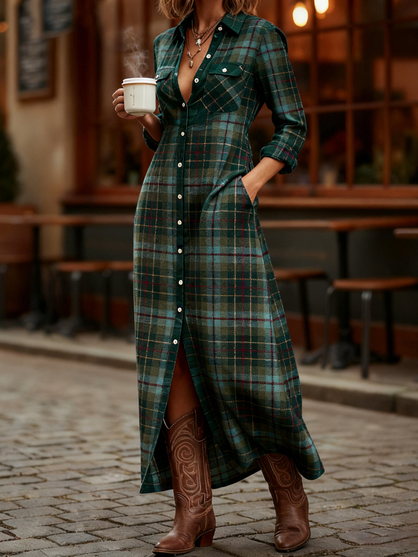 Women's Vintage Plaid Pattern Elegant Maxi Dress