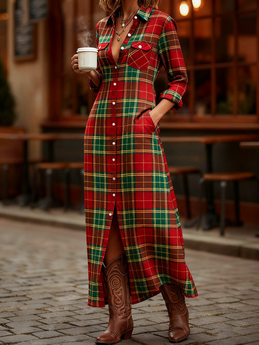 Women's Vintage Plaid Print Maxi Dress