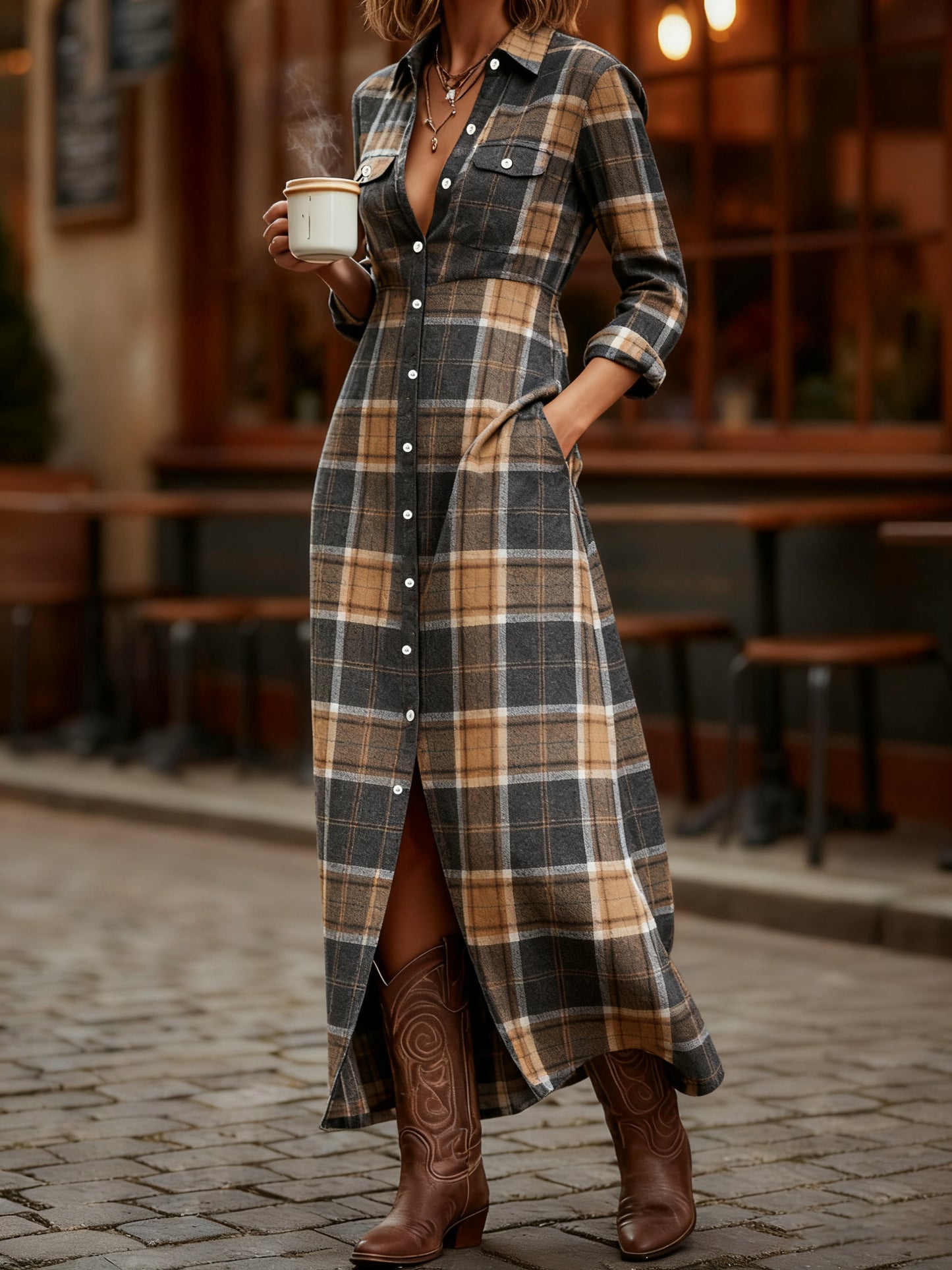 Women's Vintage Plaid Print Maxi Dress