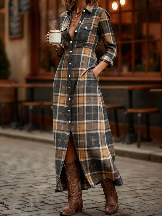 Women's Vintage Plaid Print Maxi Dress