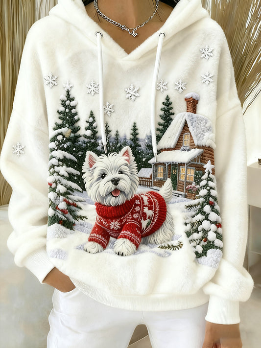 Women's Retro Animal Art Print Comfortable Flannel Hooded Sweatshirt