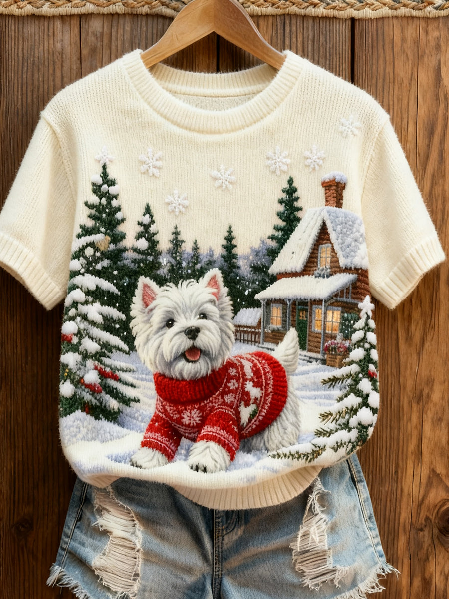 Women's Retro Christmas Animal Art Print Comfortable Knit Short-Sleeve Top