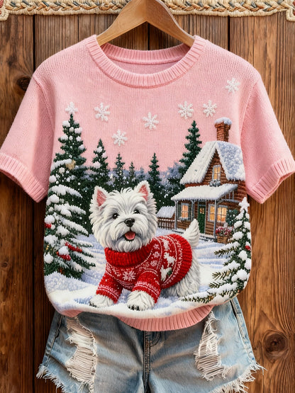 Women's Retro Christmas Animal Art Print Comfortable Knit Short-Sleeve Top