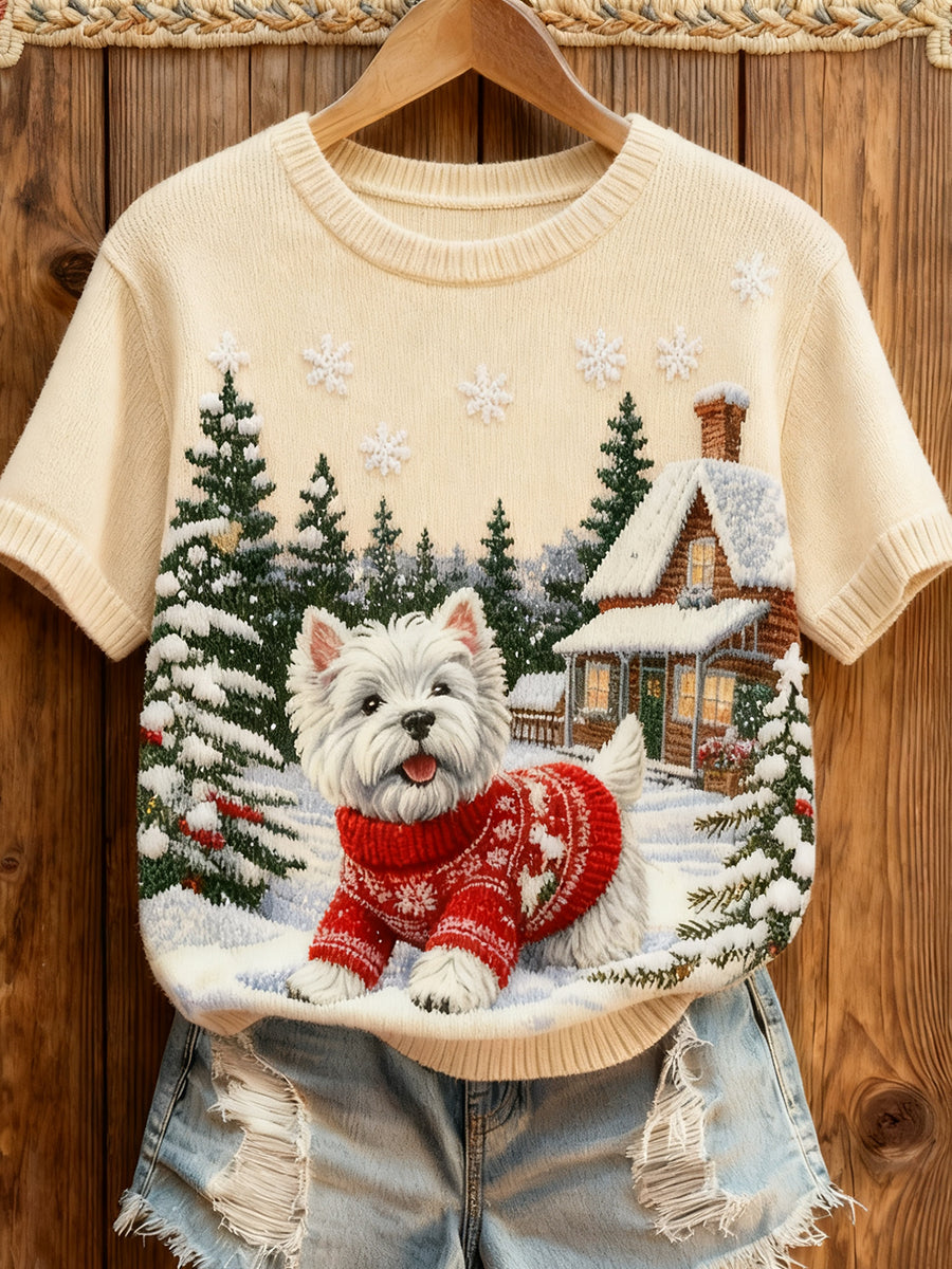 Women's Retro Christmas Animal Art Print Comfortable Knit Short-Sleeve Top
