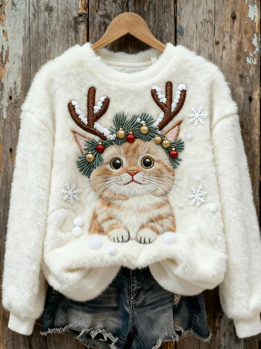 Women's Retro Animal Christmas Art Print Casual Flannel Top