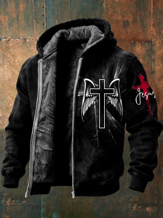 Retro Faith Wings Cross Fleece-Lined Hooded Jacket