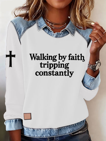 Women's Walking by Faith Tripping Constantly Cross Sweatshirt