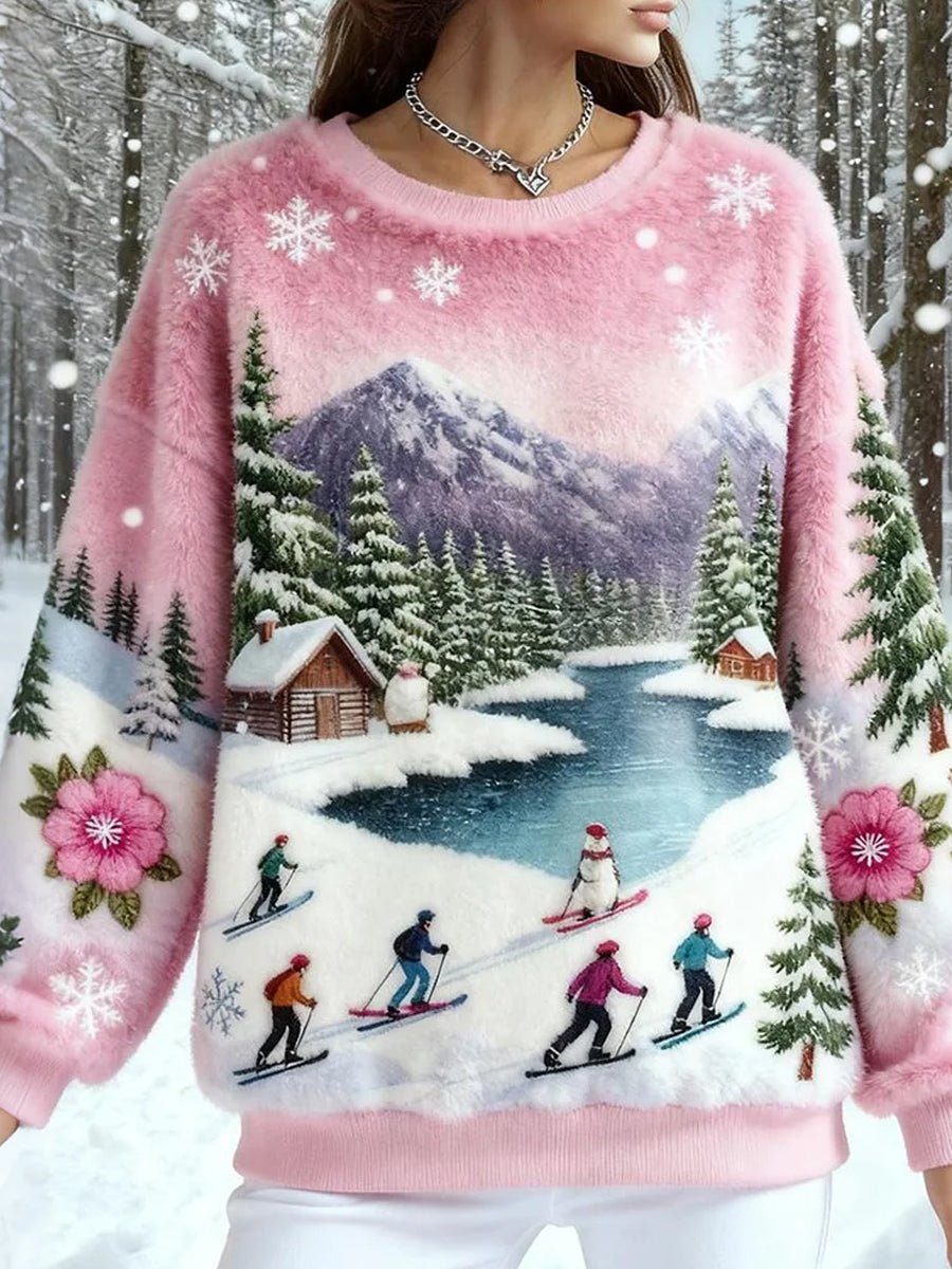 Women's Retro Animal Christmas Art Print Casual Flannel Top