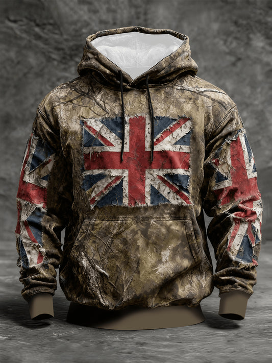 Men's Vintage England Flag Camo Oversized Drop-Shoulder Hoodie with Pockets