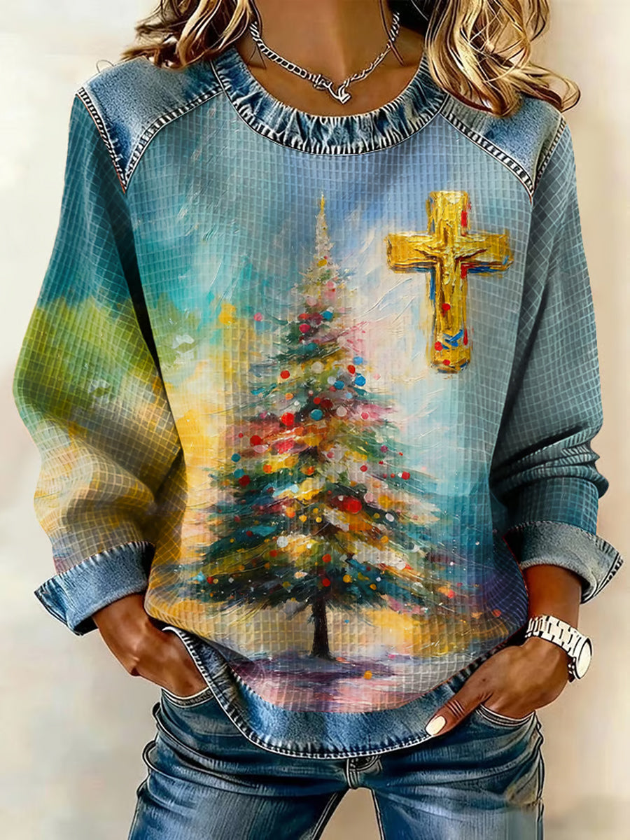 Women's Merry Christmas Christmas Tree Cross Waffle Denim Patchwork Top